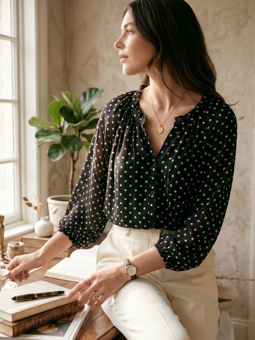 H&M Black Blouse with White Polka Dots